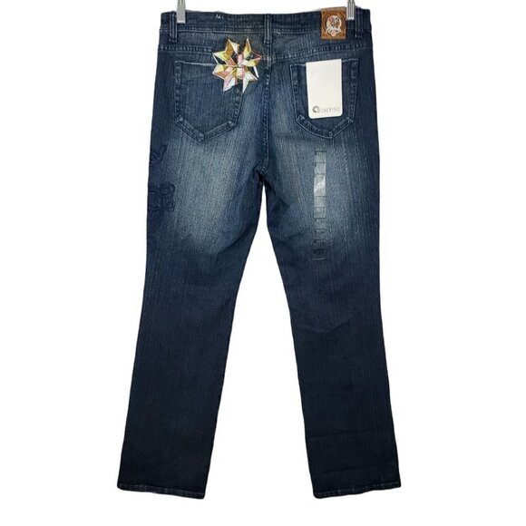 AKADEMIKS AKDMKS STAR LOGO Jean Sz 34 Logo Spell Out Boot Cut High Rise Blue NEW - Picture 2 of 12